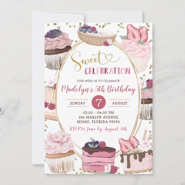 Invitation Cupcake rose or sucré Fête Fille Anniversaire (Devant)