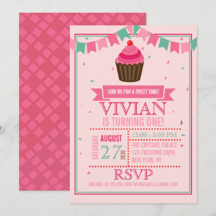 Invitation Cupcake rose sucré et vert/Premier anniversaire