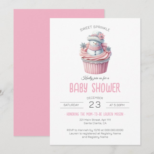 Invitation Cupcake rose Sweet Sprinkle Girl Baby shower (Devant / Derrière)