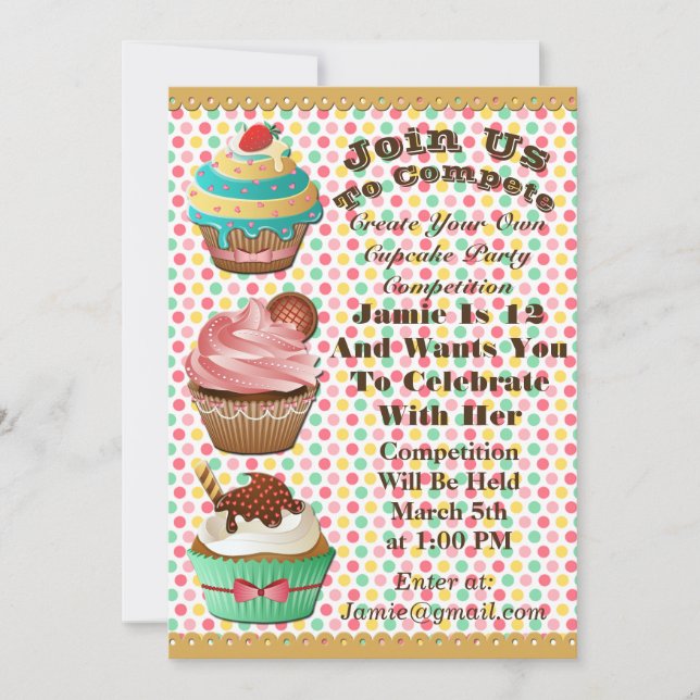 Invitation Cupcake Wars Bake Off Anniversaire Polka Dot Invit (Devant)