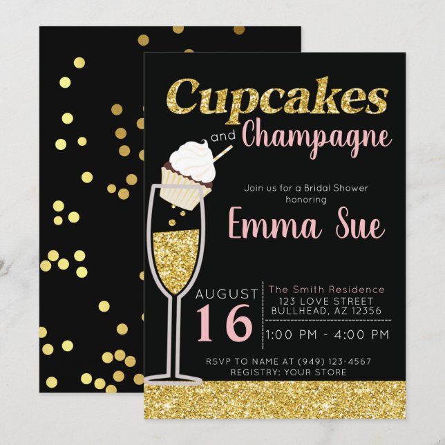 Invitation Cupcakes & Champagne Black & Gold Brive (Devant / Derrière)