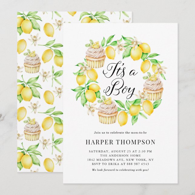 Invitation Cupcakes citron Wreath C'est un Baby shower garçon (Devant / Derrière)
