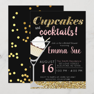 Invitation Cupcakes & Cocktails Black & Gold Bridal shower