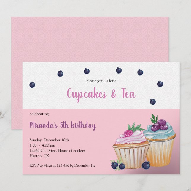 Invitation Cupcakes Et Thé Anniversaire Paty (Devant / Derrière)