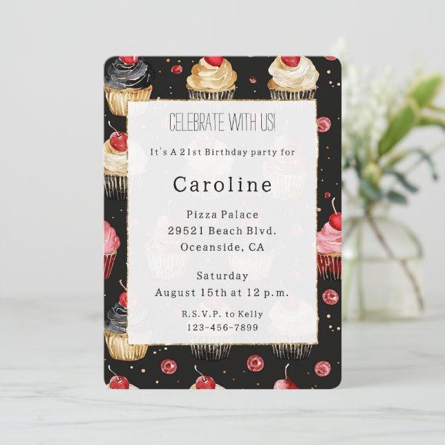 Invitation Cupcakes Noir Blanc Or Cerise sur le Top Anniversa (Debout devant)