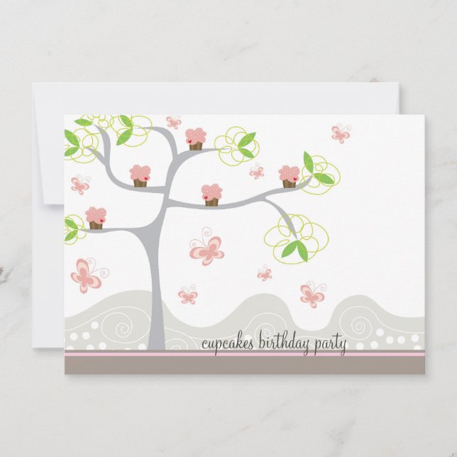 Invitation Cupcakes Whimsical Tree Butterflies Sweet Birthday (Devant)