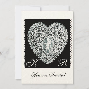 Invitation CUPIDON DENTELLE COEUR MONOGRAMME papier feutré