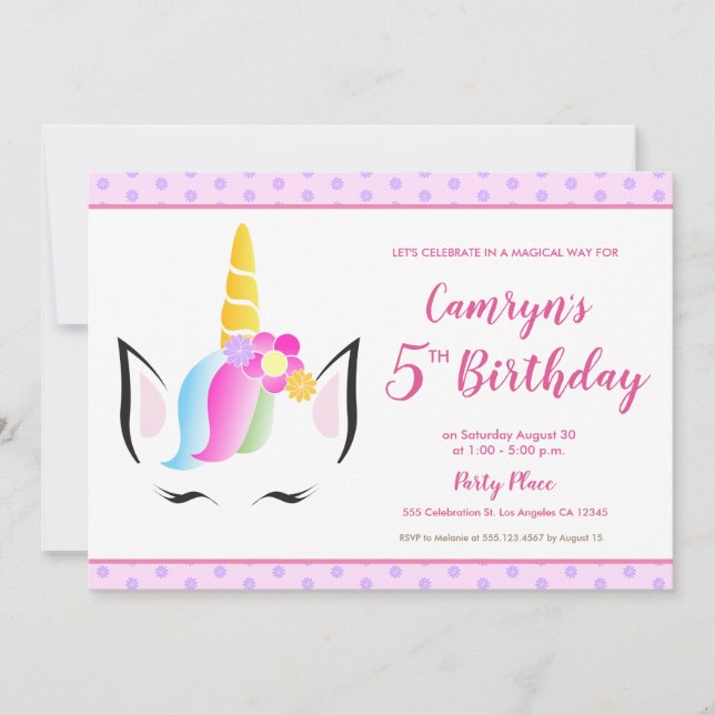 Invitation Cure Unicorn Baby Girl fête son 5ème anniversaire (Devant)