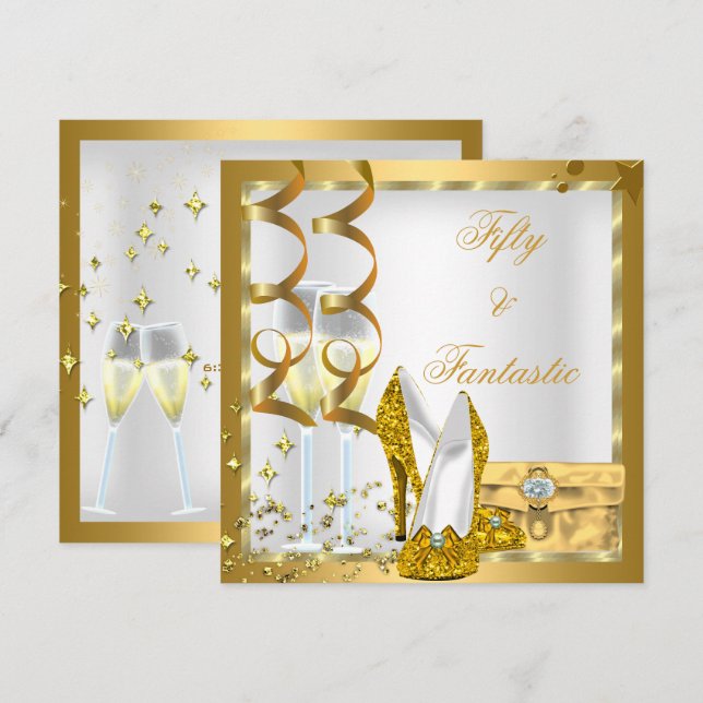 Invitation Curly 50 & Fantastic White Gold Birthday Party (Devant / Derrière)