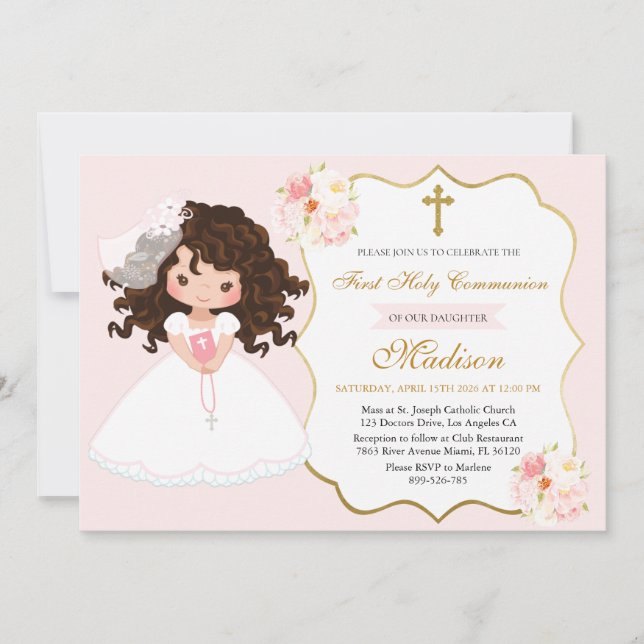 Invitation Curly haired Girl First Communion Soft Pink (Devant)