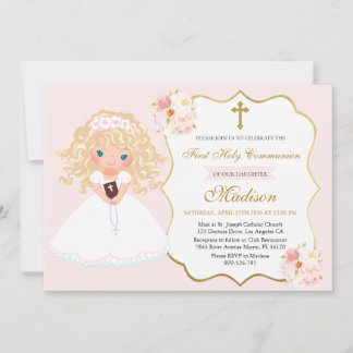 Invitation Curly haired Girl First Communion Soft Pink floral