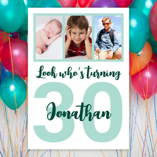 Invitation Custom 30th Birthday Green Script Photo Collage