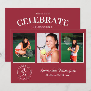Invitation Custom 3 Photo Chic Burgundy Graduation Party