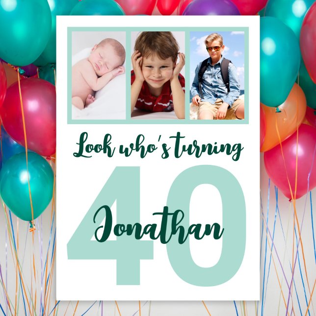 Invitation Custom 40th Birthday Green Script Photo Collage (Créateur téléchargé)