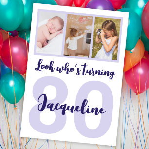 Invitation Custom 80th Birthday Purple Script Photo Collage