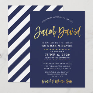 Invitation CUSTOM Bar Mitzvah marine moderne + nom d'or JACOB