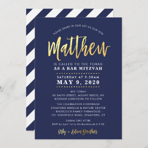 Invitation CUSTOM Bar Mitzvah marine moderne + nom d'or MATTH