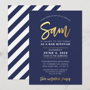 Invitation CUSTOM Bar Mitzvah marine moderne + nom d'or SAM