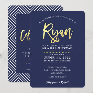Invitation CUSTOM Bar Mitzvah marine moderne + nom or RYAN In