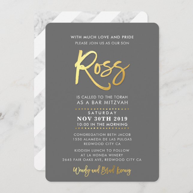 Invitation CUSTOM Bar Mitzvah moderne gris + or script ROSS (Devant / Derrière)