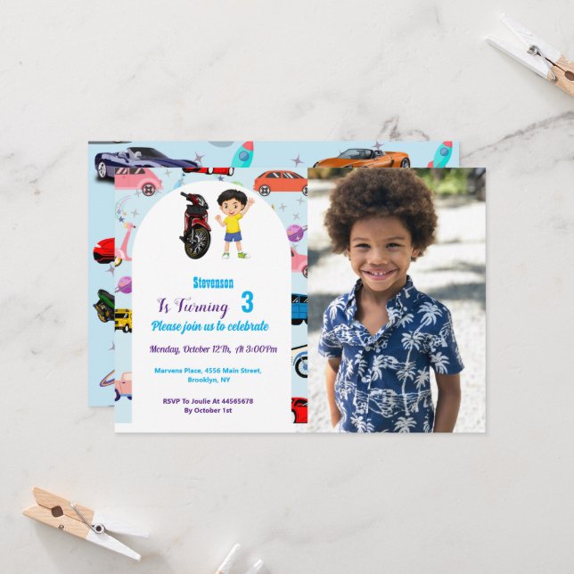 Invitation Custom Cute voiture moto fête d'anniversaire Invit (Devant/Arrière en situation)