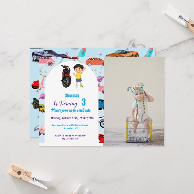 Invitation Custom Cute voiture moto fête d'anniversaire Invit (Devant/Arrière en situation)