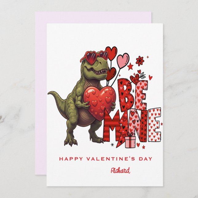 Invitation Custom Dinosaur Valentine Card – T‑Rex Be Mine (Devant / Derrière)