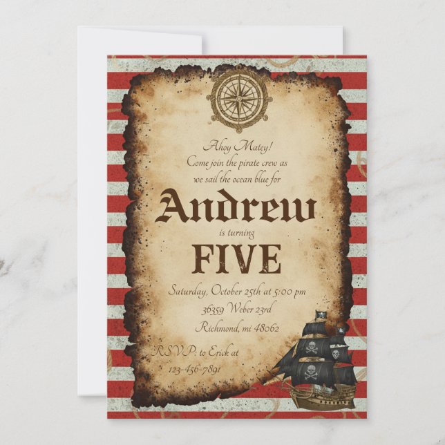 Invitation Custom Pirate Skull Treasure Map Ahoy Birthday (Devant)