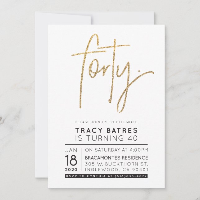 Invitation CUSTOM QUARANTE fête d'anniversaire moderne pour T (Devant)