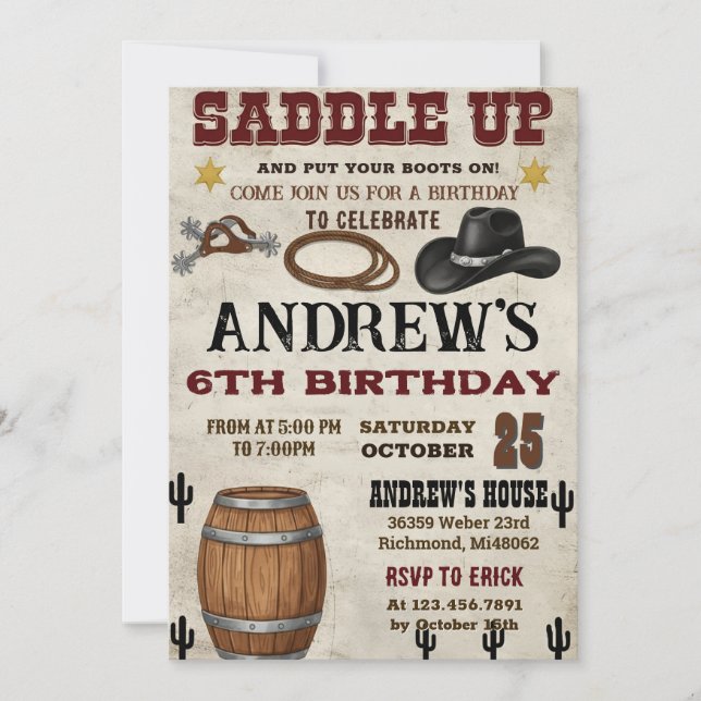 Invitation Custom Rustic Cowboy Western Birthday Party (Devant)