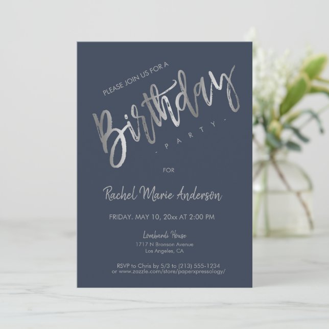 Invitation Custom Simple Marine Blue Silver Foil Anniversaire (Debout devant)