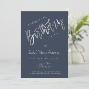 Invitation Custom Simple Marine Blue Silver Foil Anniversaire