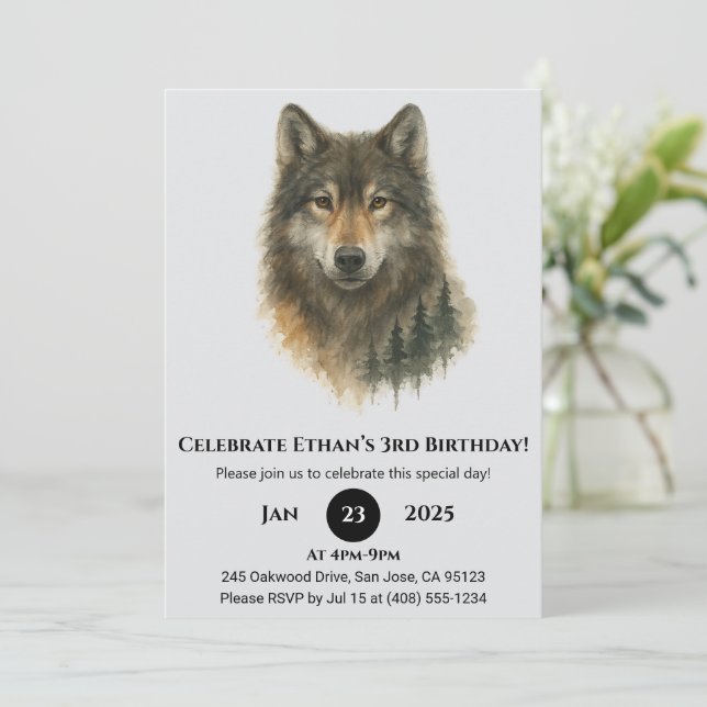 Invitation Custom Watercolor Wolf Birthday  (Debout devant)