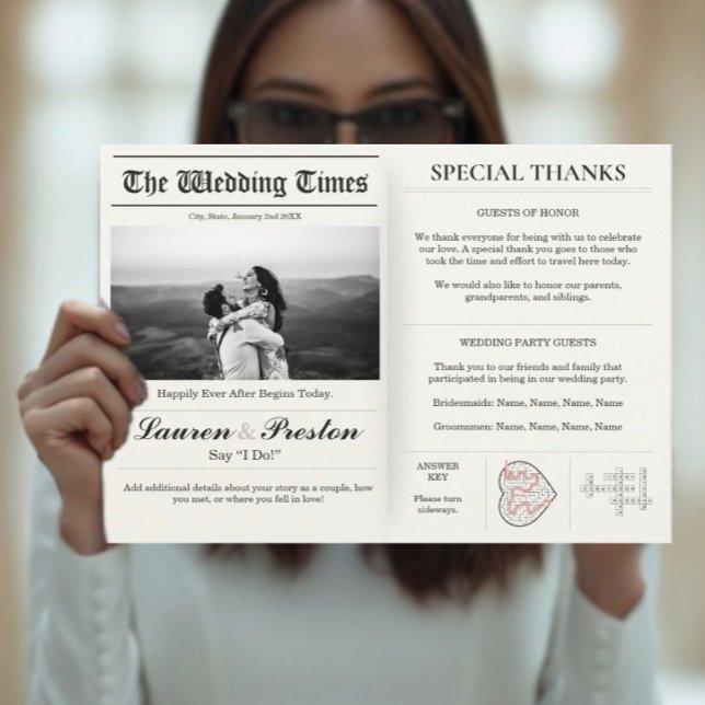 Invitation Custom Wedding Newspaper - Fun Guest Activity Book (Newspaper Wedding - Party Games Crossword)