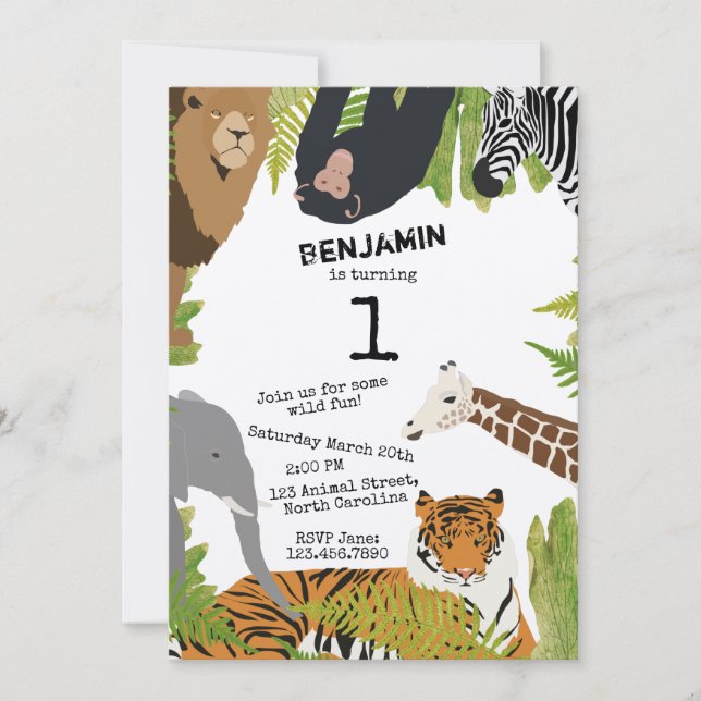 Invitation Customisé Mignonne Jungle Animaux Safari Anniversa (Devant)