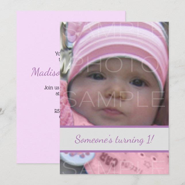 Invitation Customisez-le avec votre bébé photo fille Annivers (Devant / Derrière)