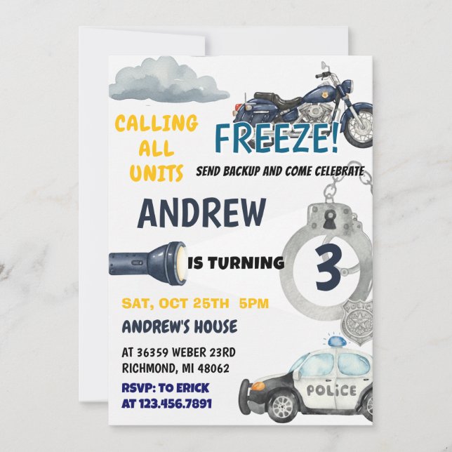 Invitation Customizable Police Cop kid birthday Party  (Devant)