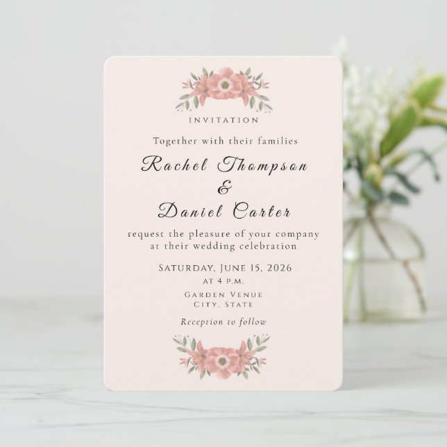 Invitation Customized Blush Pink Garden Floral Wedding  (Debout devant)