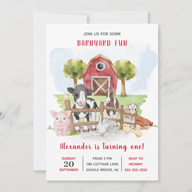 Invitation Cute 1er anniversaire Animaux de ferme Barnyard En (Devant)
