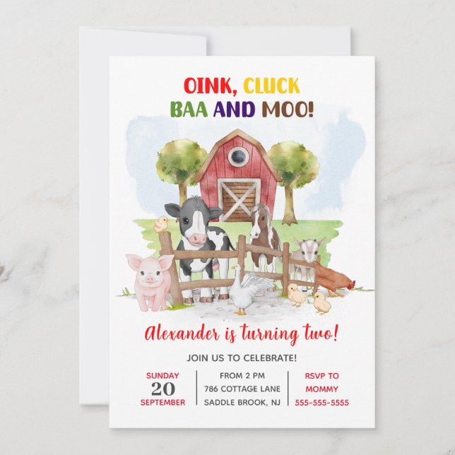 Invitation Cute 2e anniversaire Animaux de ferme Barnyard Enf (Devant)