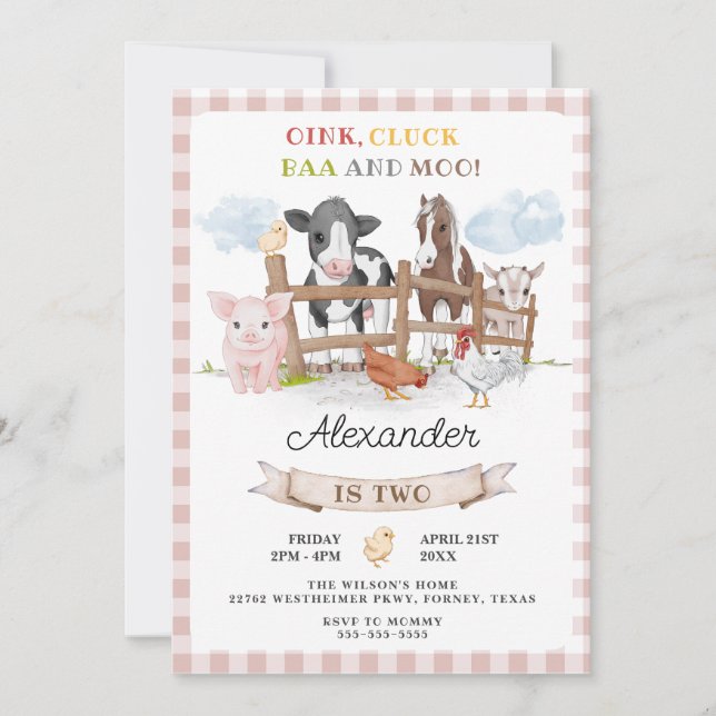 Invitation Cute 2e anniversaire Animaux de ferme Barnyard Enf (Devant)