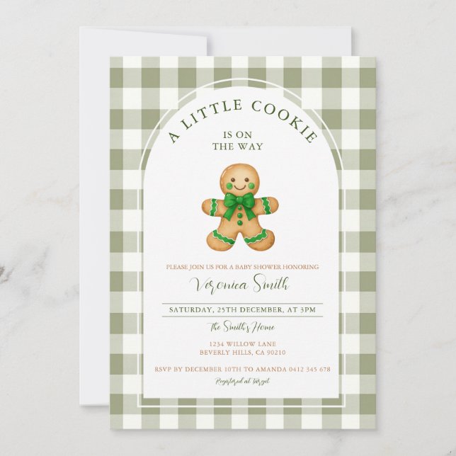 Invitation Cute A little Cookie baby shower green gingham  (Devant)