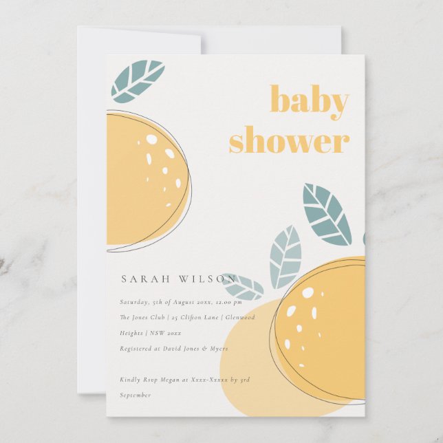 Invitation Cute Abstrait Citron Citrus Fruité Baby shower gra (Devant)