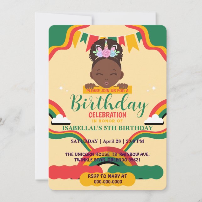 Invitation Cute afro licorne Africaine amérique filles Annive (Devant)