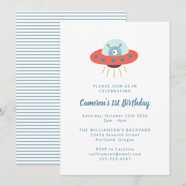 Invitation Cute Amusant Alien Vacances 1er anniversaire fête (Devant / Derrière)