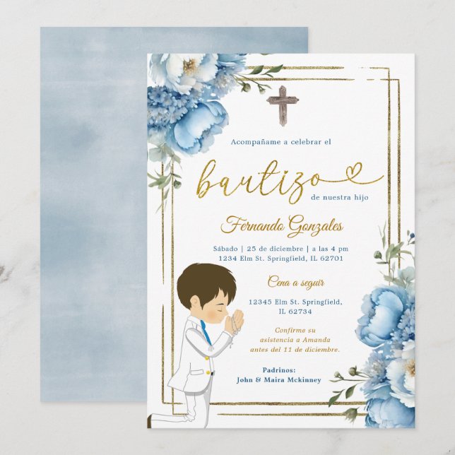 Invitation Cute Angel Boy espagnol Bautizo Dusty Blue Gold (Devant / Derrière)