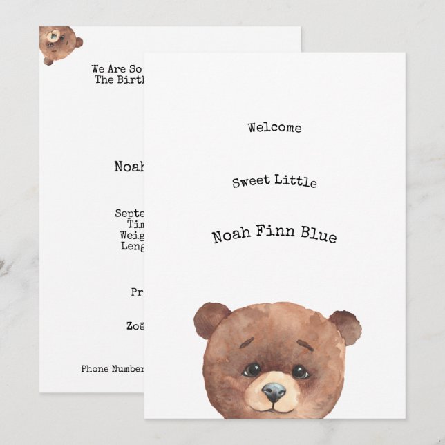 Invitation Cute Animal Brown Bear Sweet Baby Announcement (Devant / Derrière)