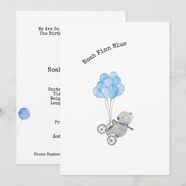 Invitation Cute Animal on A Bike With Blue Balloons (Devant / Derrière)