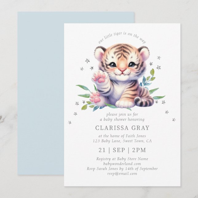 Invitation Cute animal Tiger étoiles Baby shower bleu (Devant / Derrière)