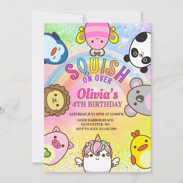 Invitation  Cute animals Squish Girl Birthday party (Devant)